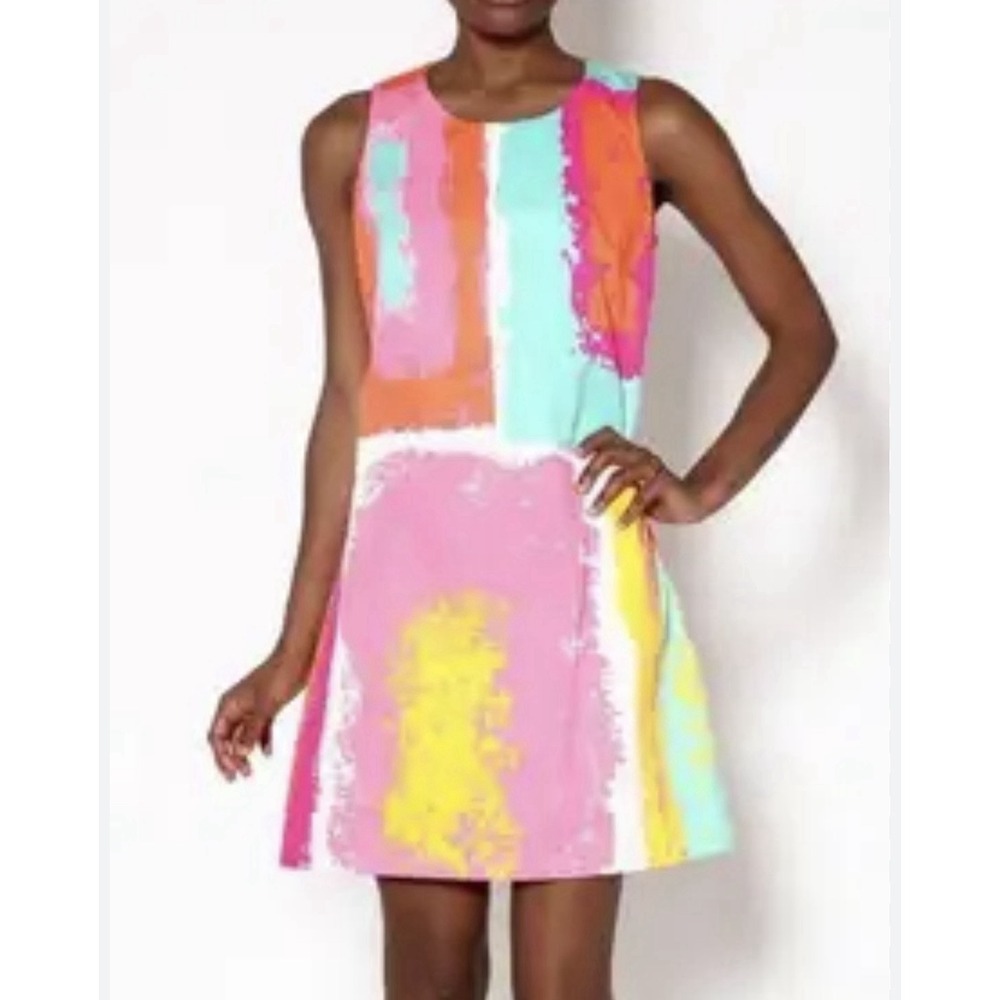 Julie Brown NYC multicolored "A Warhol" sleeveless satin geometric shift dress 6